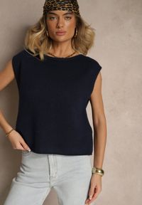 Renee - Granatowa Sweterkowa Kamizelka z Wełną Zenzeki. Okazja: na co dzień. Kolor: niebieski. Materiał: wełna. Styl: casual, elegancki