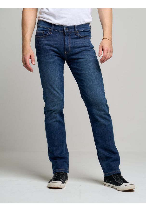 Big-Star - Spodnie jeans męskie dopasowane Tobias 510. Stan: obniżony. Kolor: niebieski. Wzór: napisy