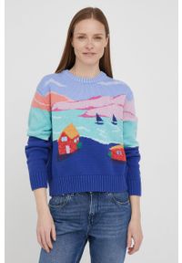 Polo Ralph Lauren sweter z domieszką wełny damski ciepły. Typ kołnierza: polo. Kolor: niebieski. Materiał: wełna