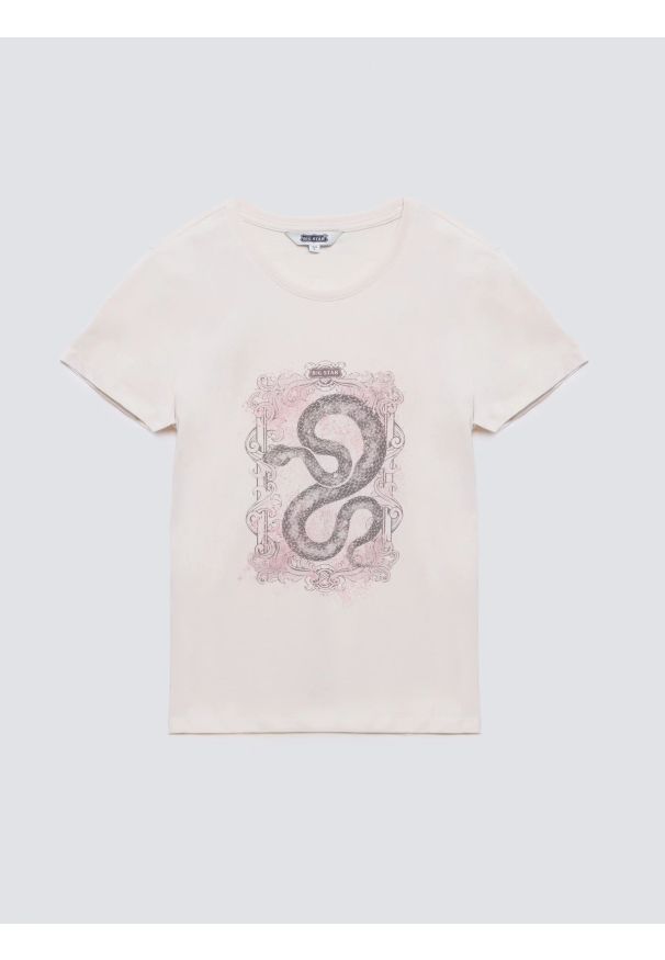 Big-Star - Koszulka damska z nadrukiem kremowa Rellsa 103. Okazja: na spacer, na uczelnię, na co dzień. Kolor: biały. Materiał: jeans, dzianina, skóra. Długość rękawa: krótki rękaw. Długość: krótkie. Wzór: nadruk. Styl: casual, klasyczny