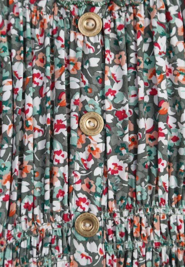 Born2be - Zielono-Różowa Rozkloszowana Sukienka z Bawełny Wykończona Gumką w Talii Nelaris. Okazja: na randkę, na imprezę. Typ kołnierza: dekolt hiszpanka. Kolor: zielony. Materiał: bawełna. Długość rękawa: na ramiączkach. Styl: boho