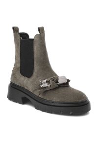 Zielone Botki Karino Modne Buty Damskie. Zapięcie: klamry. Kolor: zielony. Materiał: syntetyk, futro, welur, skóra. Sezon: zima, jesień. Styl: elegancki