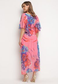Born2be - Różowo-Niebieska Rozkloszowana Sukienka z Wiązaniem w Talii i Szerokimi Rękawami Nellanora. Kolor: różowy. Materiał: tkanina. Sezon: lato #6