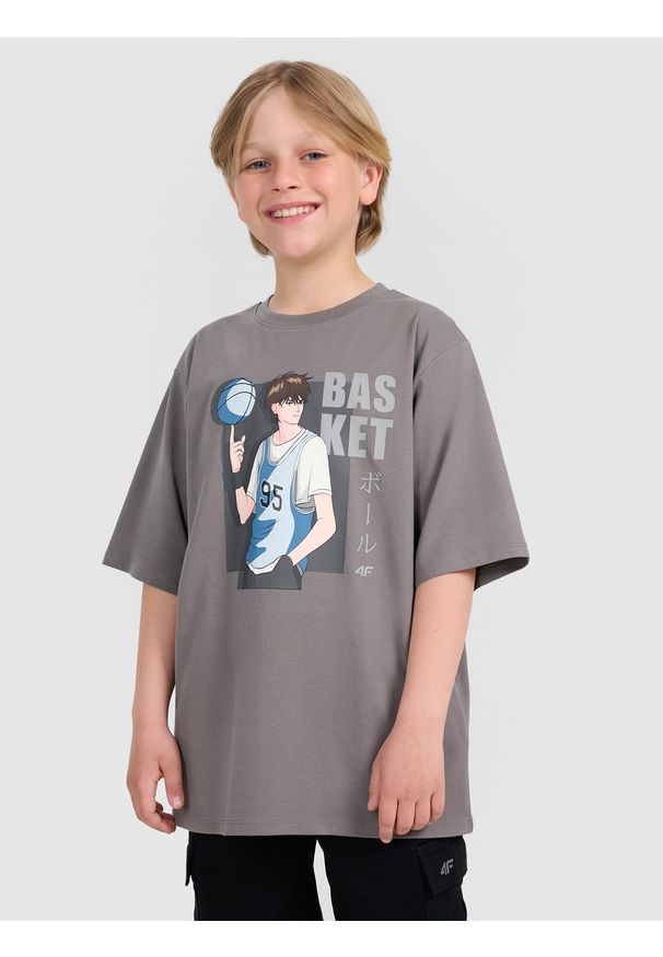 4f - 4F T-shirt oversize z nadrukiem chłopięcy - szary 158 (12-13 lat). Okazja: na co dzień. Kolor: szary. Materiał: jersey, materiał, bawełna. Wzór: nadruk. Sezon: lato. Styl: klasyczny, sportowy, casual