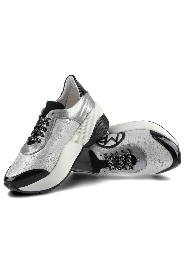 Massimo POLI - Srebrne Sneakersy Massimo Poli Damskie Modne Buty. Kolor: czarny. Materiał: lakier, zamsz, materiał, skóra. Szerokość cholewki: normalna. Obcas: na platformie. Styl: elegancki