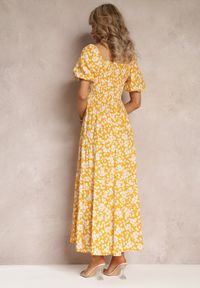 Renee - Żółta Trapezowa Sukienka Bawełniana w Kwiaty Cresenia. Kolor: żółty. Materiał: bawełna. Długość rękawa: krótki rękaw. Wzór: kwiaty. Typ sukienki: trapezowe #3