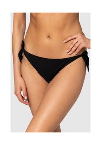 MOSCHINO Czarny dół od bikini z wiązaniami i złotym logo, Rozmiar XS. Kolor: czarny. Wzór: aplikacja, nadruk