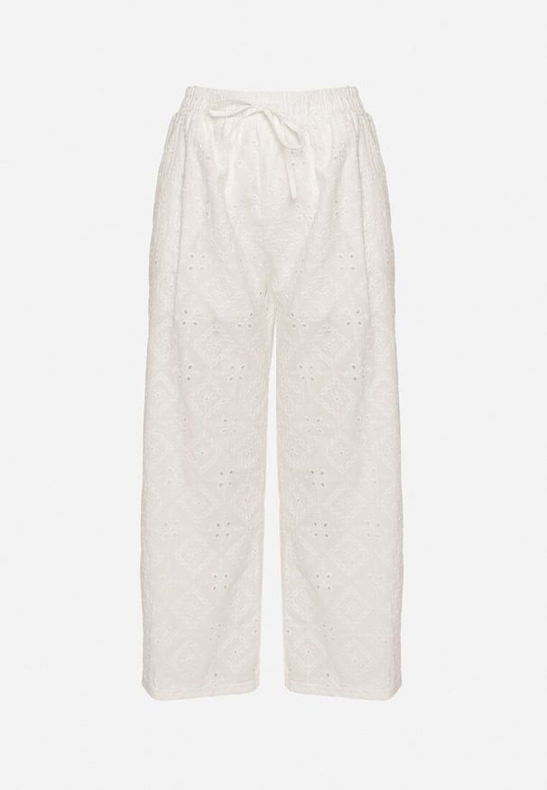 Born2be - Białe Bawełniane Spodnie z Haftowanej Tkaniny z Gumką w Talii Mevaleia. Okazja: na co dzień. Kolor: biały. Materiał: bawełna, tkanina. Wzór: haft. Styl: casual, klasyczny