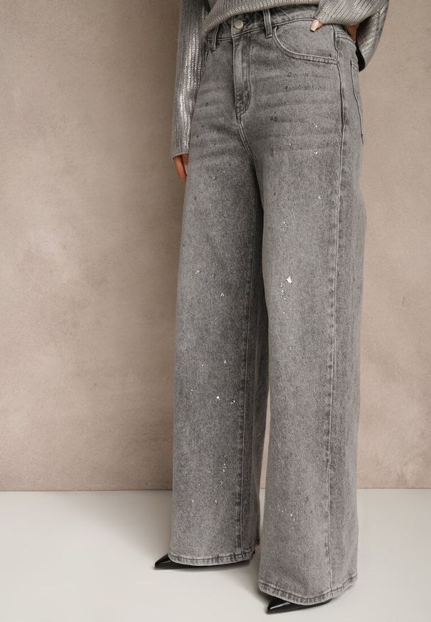 Renee - Szare Jeansy High Waist Wide Leg ze Świecącymi Drobinkami Luiza. Okazja: na co dzień. Stan: podwyższony. Kolor: szary. Styl: casual, elegancki