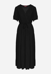 Born2be - Czarna Kopertowa Sukienka z Bawełną i Paskiem Ivellevia. Okazja: na co dzień. Typ kołnierza: dekolt w serek. Kolor: czarny. Materiał: bawełna. Długość rękawa: długi rękaw. Sezon: lato. Typ sukienki: kopertowe. Styl: elegancki, casual, klasyczny #4