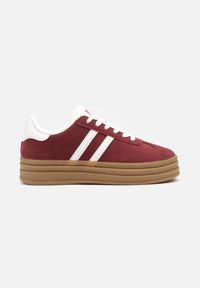 Born2be - Bordowe Sneakersy na Platformie z Minimalistycznymi Przeszyciami Teritha. Zapięcie: sznurówki. Kolor: czerwony. Materiał: jeans. Wzór: aplikacja. Obcas: na platformie #4