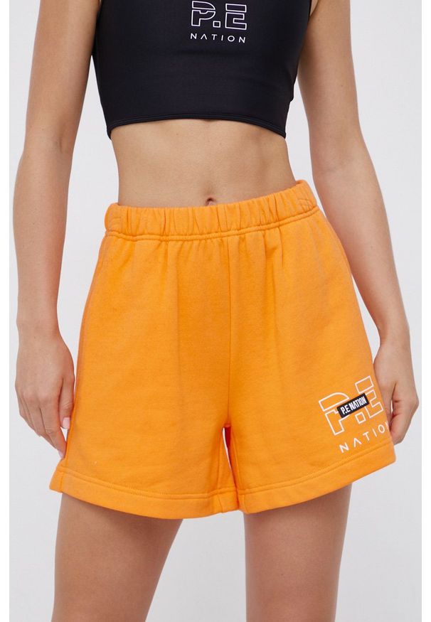 P.E Nation Szorty bawełniane damskie kolor pomarańczowy gładkie high waist. Stan: podwyższony. Kolor: pomarańczowy. Materiał: bawełna. Wzór: gładki