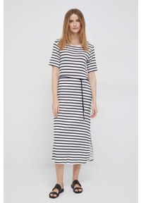 TOMMY HILFIGER - Tommy Hilfiger sukienka kolor beżowy midi prosta. Okazja: na co dzień. Kolor: beżowy. Materiał: materiał. Długość rękawa: krótki rękaw. Typ sukienki: proste. Styl: casual. Długość: midi #7