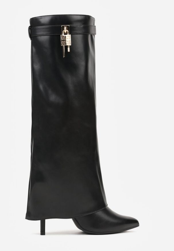 Born2be - Czarne Kozaki na Szpilce z Cholewką Imitującą Nogawkę z Aplikacją Kłódką Vetidora. Nosek buta: szpiczasty. Zapięcie: zamek. Kolor: czarny. Szerokość cholewki: normalna. Wzór: aplikacja. Materiał: skóra, materiał. Sezon: zima. Obcas: na szpilce. Styl: klasyczny. Wysokość obcasa: średni