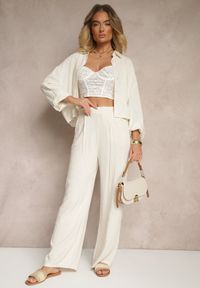 Renee - Beżowe Spodnie z Lnem i Bawełną o Szerokim Kroju High Waist Sallieta. Okazja: na co dzień. Stan: podwyższony. Kolor: beżowy. Materiał: bawełna, len. Styl: casual