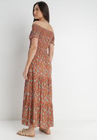 Born2be - Pomarańczowo-Niebieska Sukienka z Wiskozy Cheri. Typ kołnierza: dekolt hiszpanka. Kolor: pomarańczowy. Materiał: wiskoza. Wzór: kwiaty. Sezon: lato. Typ sukienki: rozkloszowane. Długość: maxi #2