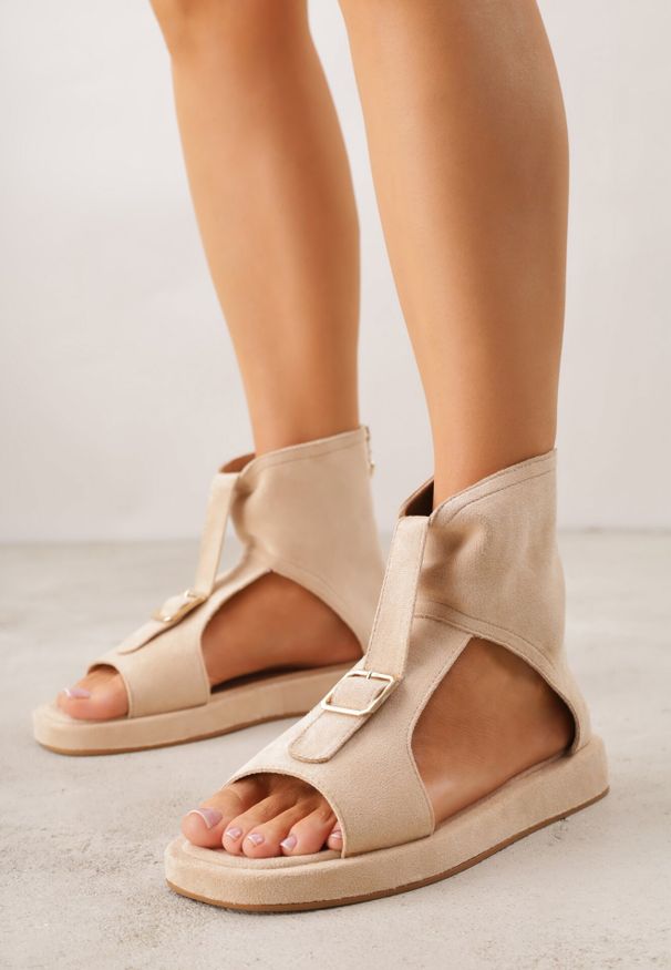 Born2be - Beżowe Sandały w Stylu Botków z Ozdobną Klamrą Theaneasi. Okazja: na co dzień. Zapięcie: klamry. Kolor: beżowy. Materiał: jeans. Styl: casual, elegancki, klasyczny