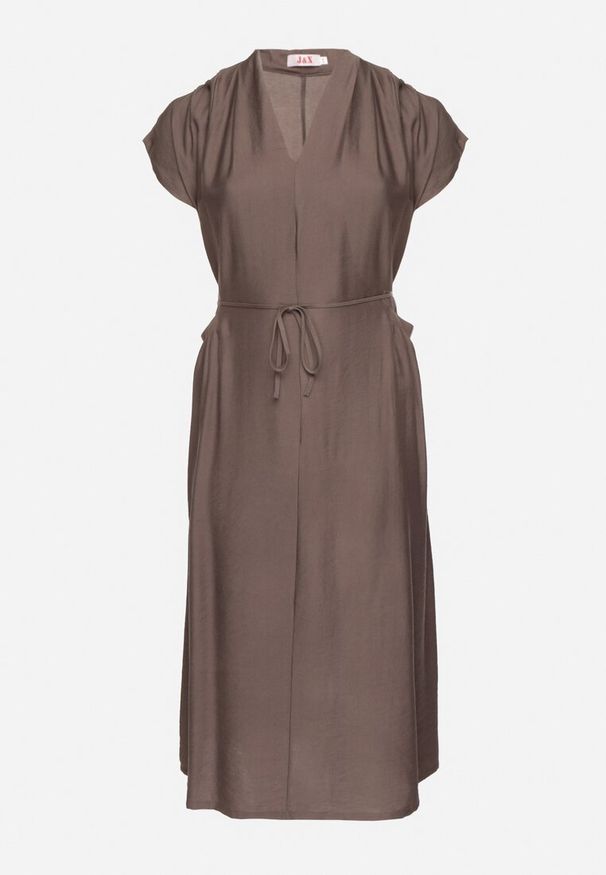 Born2be - Ciemnoszara Wiskozowa Sukienka Pudełkowa z Cienkim Paskiem i Kieszeniami Lumivorae. Okazja: na co dzień. Kolekcja: plus size. Kolor: szary. Materiał: wiskoza. Typ sukienki: proste, dla puszystych. Styl: elegancki, casual