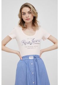 Pepe Jeans t-shirt bawełniany BAIA kolor różowy. Kolor: różowy. Materiał: bawełna. Długość rękawa: krótki rękaw. Długość: krótkie. Wzór: nadruk