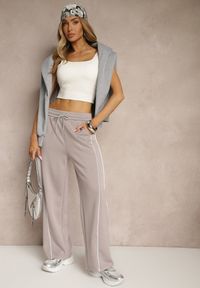 Renee - Szare Spodnie Dresowe z Bawełną o Szerokim Kroju High Waist z Paskami Salliara. Stan: podwyższony. Kolor: szary. Materiał: bawełna, dresówka