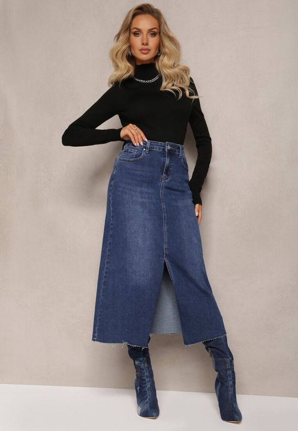 Renee - Granatowa Spódnica Maxi z Rozcięciem z Jeansu Vonuline. Stan: podwyższony. Kolor: niebieski. Materiał: jeans. Styl: sportowy, elegancki