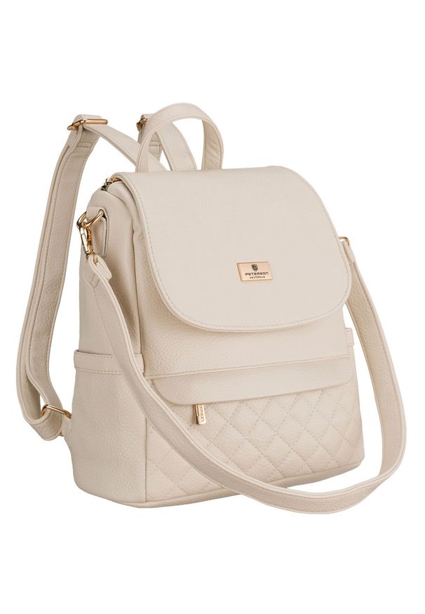Mały plecak damski miejski beżowy pikowany listonoszka na ramię 2w1 ze skóry ekologicznej Peterson PTN MBP-08-F19. Kolor: beżowy. Materiał: skóra ekologiczna. Wzór: aplikacja