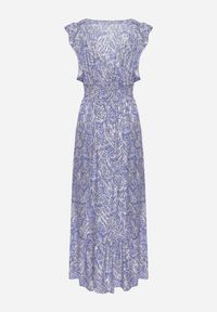 Born2be - Niebieska Bawełniana Sukienka z Metalicznym Nadrukiem z Gumkami w Pasie z Kopertowym Dekoltem Folia. Okazja: na spacer, na co dzień. Typ kołnierza: dekolt kopertowy, kołnierz z falbankami. Kolor: niebieski. Materiał: bawełna. Wzór: nadruk. Typ sukienki: kopertowe. Styl: casual, klasyczny #7