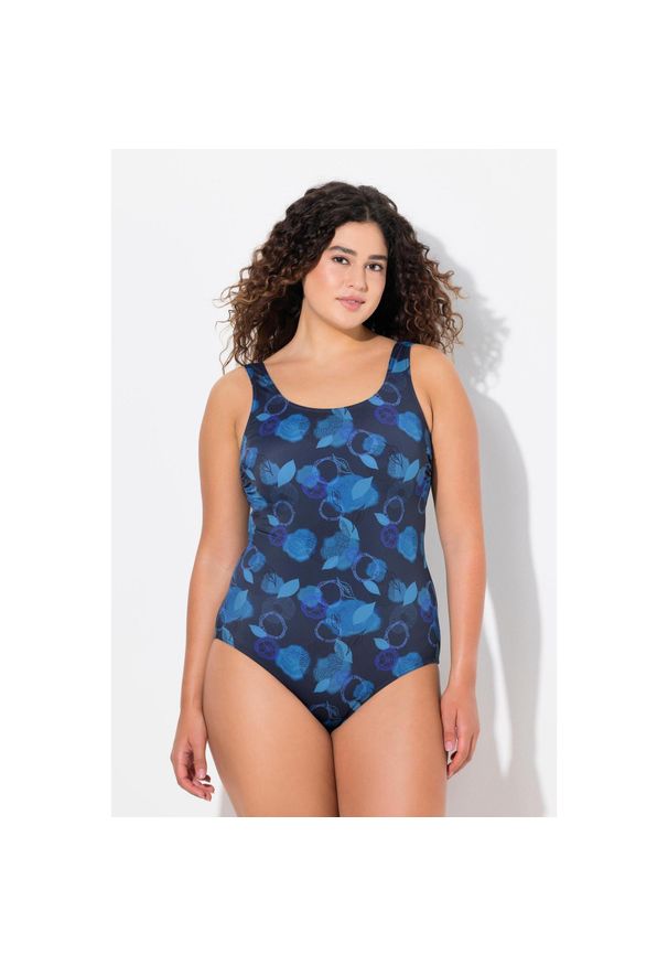 ULLA POPKEN - Damskie Strój kąpielowy liście bez miękkich miseczek z recyklingu. Kolekcja: plus size. Kolor: niebieski. Materiał: poliester, poliamid, materiał, elastan