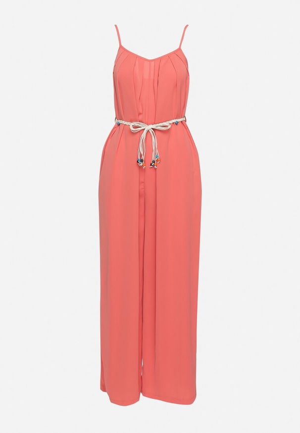 Born2be - Czerwony Kombinezon na Cienkich Regulowanych Ramiączkach ze Ściągaczem w Talii Huetta. Okazja: na co dzień. Kolor: czerwony. Materiał: jeans. Długość rękawa: na ramiączkach. Długość: długie. Styl: casual, elegancki