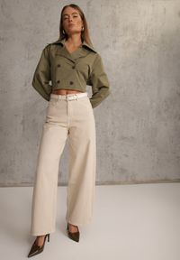 Renee - Beżowe Szerokie Jeansy Bawełniane High Waist Fyrlyss. Okazja: na co dzień. Stan: podwyższony. Kolor: beżowy. Styl: casual, elegancki #1