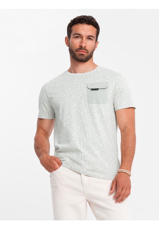Ombre Clothing - Bawełniany męski t-shirt z literowym printem i kieszonką – żółto-zielony V4 - Rozmiar: XXL. Okazja: na co dzień. Kolor: zielony. Materiał: bawełna. Wzór: nadruk. Styl: casual
