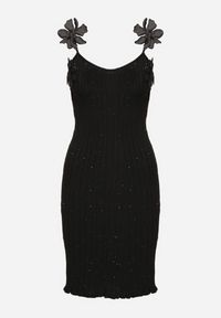 Born2be - Czarna Dopasowana Sukienka z Wiskozą Ozdobiona Kwiatami 3D Yennira. Kolor: czarny. Materiał: wiskoza. Wzór: aplikacja, kwiaty #5