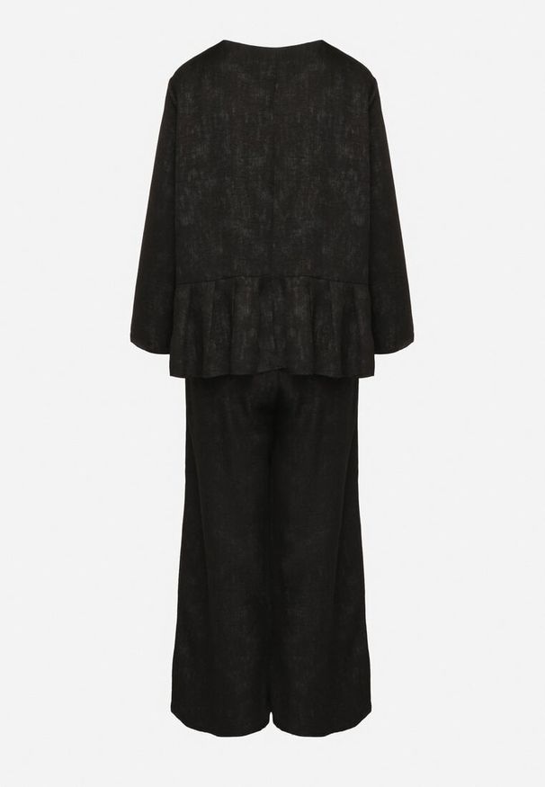 Born2be - Czarny Komplet Bluzka z Rozkloszowanym Dołem i Aplikacją Kwiatka i Luźne Spodnie Ravirisa. Kolor: czarny. Materiał: materiał. Wzór: kwiaty, aplikacja