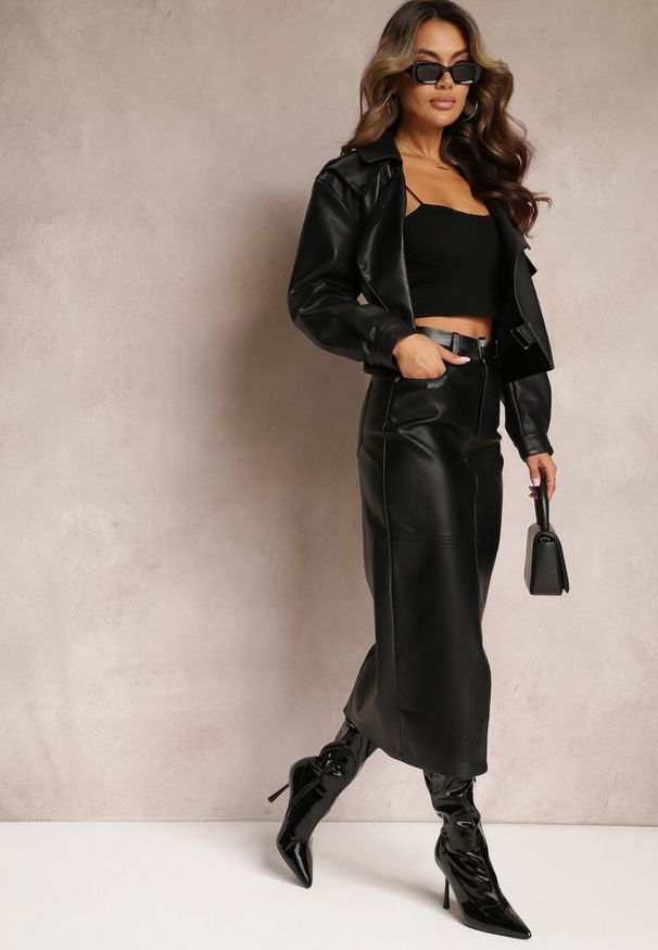 Renee - Czarna Midi Spódnica Ołówkowa z Ekoskóry z Klamrą na Pasku Agotte. Kolor: czarny. Styl: elegancki