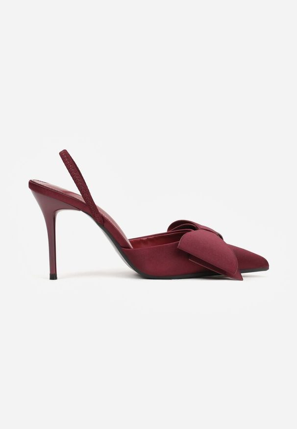 Renee - Bordowe Sandały Satynowe na Szpilce Slingback Ozdobione Kokardą Daemoris. Okazja: na ślub cywilny, na imprezę, na wesele. Zapięcie: sprzączka. Kolor: czerwony. Materiał: satyna. Wzór: aplikacja. Obcas: na szpilce. Styl: elegancki