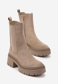 Renee - Ciemnobeżowe Botki Typu Sztyblety na Platformie Fesurela. Okazja: na co dzień. Kolor: beżowy. Materiał: jeans. Obcas: na platformie. Styl: casual