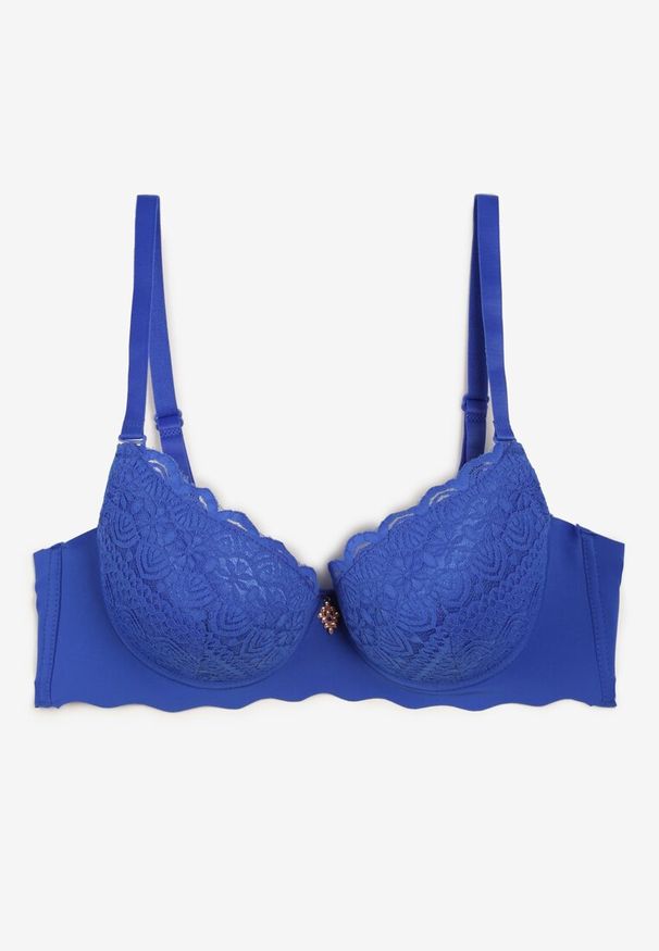 Renee - Niebieski Biustonosz Usztywniony z Efektem Push Up i Małą Zawieszką Juniwia. Kolor: niebieski. Materiał: koronka. Rodzaj stanika: push-up. Wzór: koronka