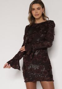 Born2be - Brązowa Cekinowa Sukienka z Kwiatami 3D Naweda. Okazja: na spotkanie biznesowe. Kolor: brązowy. Materiał: poliester, jeans. Wzór: kwiaty. Styl: biznesowy #1