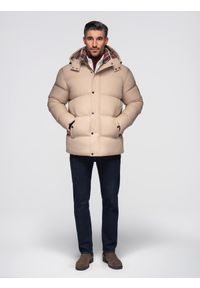 Ombre Clothing - Męska kurtka puffer z podszewką w kratę – beżowa V2 - Rozmiar: XXL. Kolor: beżowy. Materiał: bawełna, poliester, materiał, syntetyk, guma, nylon. Długość: długie. Wzór: aplikacja #1