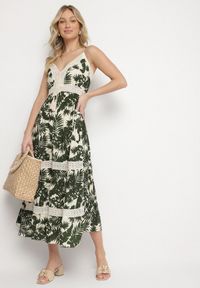 Born2be - Jasnobeżowa Bawełniana Sukienka Rozkloszowana z Koronką w Tropikalny Wzór Alusela. Okazja: na co dzień. Typ kołnierza: dekolt w serek. Kolor: beżowy. Materiał: koronka, bawełna. Długość rękawa: na ramiączkach. Wzór: koronka. Typ sukienki: rozkloszowane. Styl: casual, elegancki #3