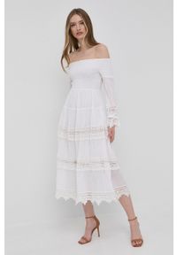 Guess sukienka kolor biały mini rozkloszowana. Kolor: biały. Materiał: tkanina, włókno. Długość rękawa: długi rękaw. Typ sukienki: rozkloszowane. Długość: mini #2