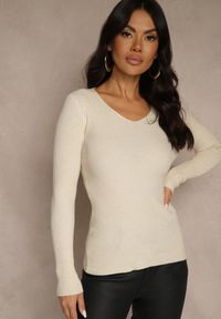 Renee - Jasnobeżowy Sweter z Bawełną z Prążkowanej Dzianiny Reisaria. Okazja: na co dzień. Kolor: beżowy. Materiał: dzianina, bawełna, prążkowany. Styl: casual, klasyczny #5