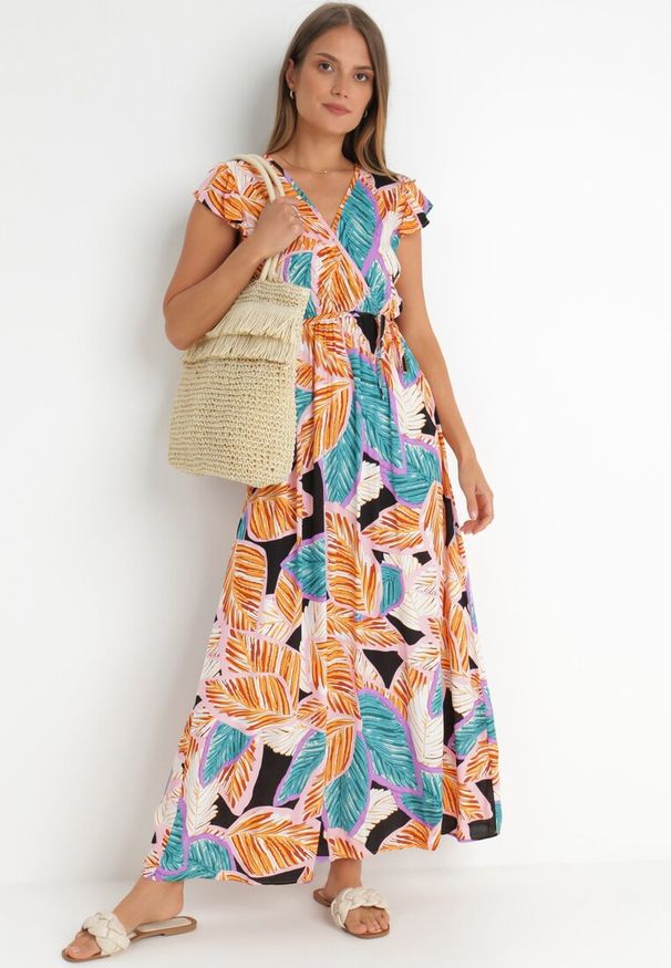 Born2be - Pomarańczowa Sukienka Donky. Typ kołnierza: kołnierz z falbankami. Kolor: pomarańczowy. Materiał: materiał. Długość rękawa: bez rękawów. Wzór: nadruk. Typ sukienki: kopertowe. Długość: maxi