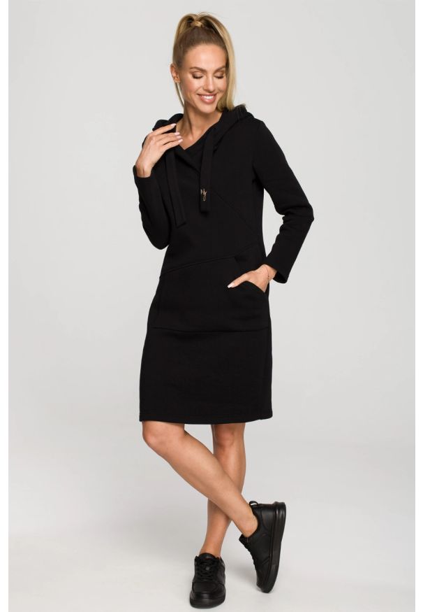 MOE - Sukienka jak długa bluza z kapturem czarna bawełna premium. Okazja: na spacer, na co dzień. Typ kołnierza: kaptur. Kolor: czarny. Materiał: bawełna. Typ sukienki: sportowe. Styl: casual, sportowy. Długość: maxi