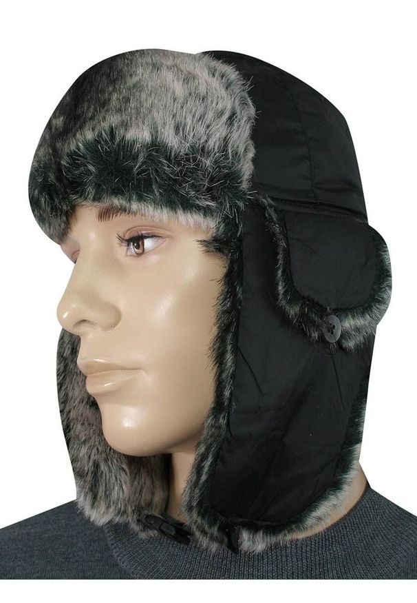 Jarek - Czapka Czarna z Nausznikami, Zimowa z Ciemnym Futerkiem, Ciepła, z Kożuchem, Męska. Kolor: czarny. Materiał: poliester, akryl. Sezon: zima