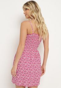 Born2be - Fuksjowa Bawełniana Sukienka na Regulowanych Ramiączkach z Elastycznym Dekoltem Risetta. Kolor: różowy. Materiał: bawełna. Długość rękawa: na ramiączkach. Wzór: kwiaty. Sezon: wiosna, lato #7