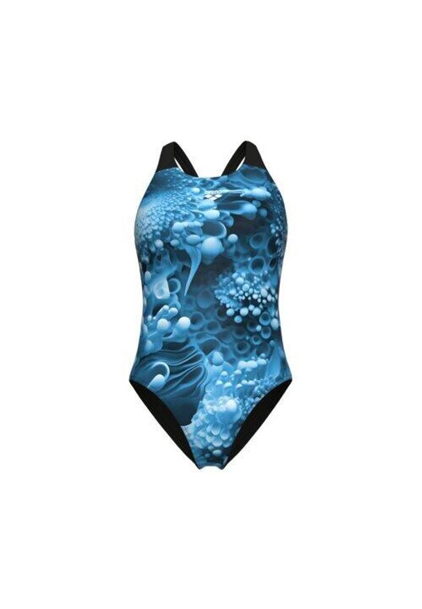 Damski kostium kąpielowy 1-częściowy Arena Flowers. Kolor: wielokolorowy, niebieski, czarny