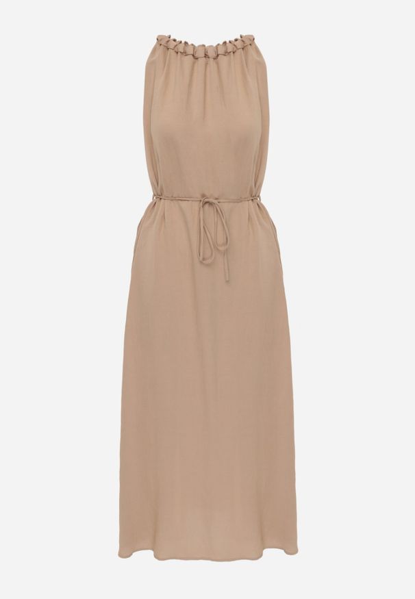 Renee - Beżowa Sukienka Bez Rękawów z Wiskozy z Ozdobnym Dekoltem i Wiązaniem w Talii Azeira. Okazja: na co dzień. Kolekcja: plus size. Kolor: beżowy. Materiał: wiskoza. Długość rękawa: bez rękawów. Typ sukienki: dla puszystych. Styl: casual