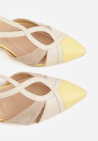 Born2be - Żółte Czółenka na Obacasie z Wycięciami i Metalicznymi Paskami Prosilis. Okazja: na co dzień. Zapięcie: pasek. Kolor: żółty. Materiał: koronka. Obcas: na obcasie. Styl: casual, elegancki. Wysokość obcasa: średni #8