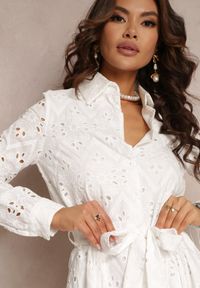 Renee - Biała Koszulowa Sukienka Ażurowa z Wiązanym Paskiem Faeyela. Kolor: biały. Materiał: materiał. Wzór: ażurowy. Typ sukienki: koszulowe #5